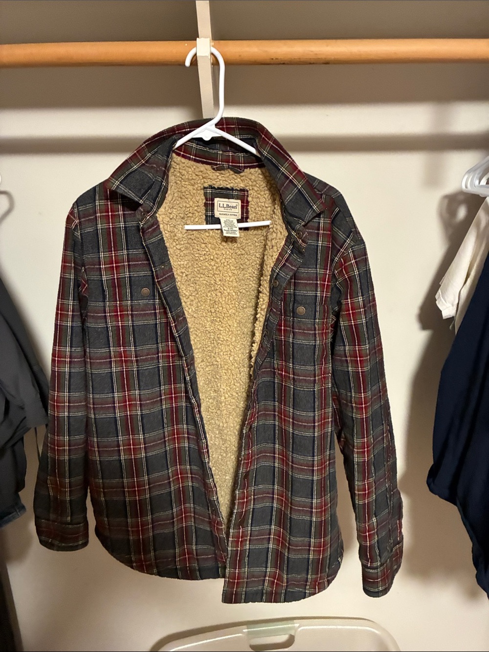 L.L. Bean Red & Gray Plaid Sherpa-Lined Shirt Jacket